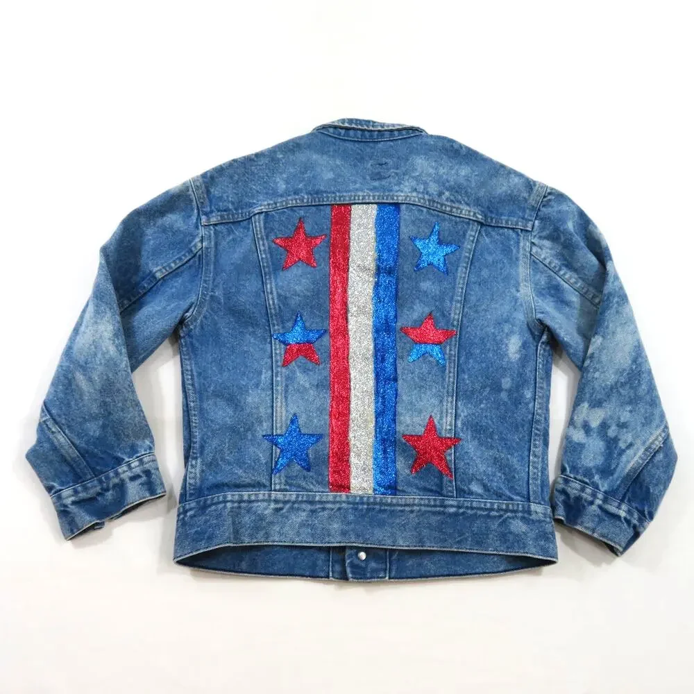 Lee Denim Jean Jacket Blue Patriotic Embellished Youth Sz 12/14 American Flag